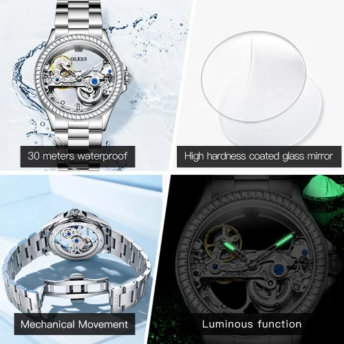 Miniatura 6 de OLEVS Reloj de mujer con diseño de esqueleto, mecánico automático, plateado, de lujo, impermeable, luminoso, para regalo del día de San Valentín