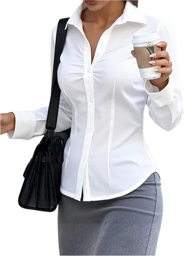 GORGLITTER Blusa ajustada fruncida para mujer, de manga larga, con cuello, ajustada, para negocios, trabajo, casual, otoño, moda