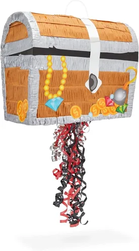 BLUE PANDA Piñata de cofre del tesoro con cuerda de tirar, 12 x 10 x 6.5 pulgadas, color azul, piñata del tesoro pirata y decoración de fiesta de