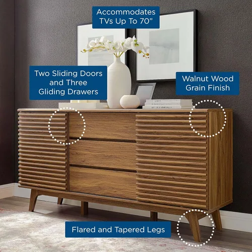 Miniatura 11 de Modway Render - Mueble moderno de mediados de siglo para mesa de bufé o TV de 160 cm, color nogal