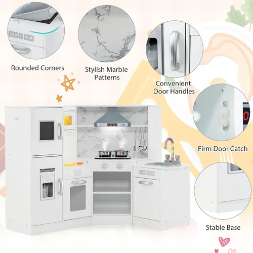 Miniatura 6 de Costzon Juego de cocina para niños, 2 piezas de juguete de cocina con luz, sonido, lavabo, microondas, pizarra, máquina de hielo, campana Blanco