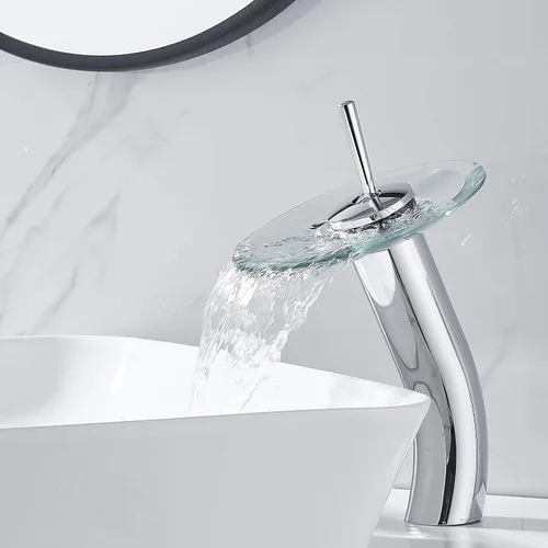 Miniatura 8 de Grifo de Baño de Cascada de Vidrio con Mango Único de Latón Macizo para Lavabo Lavatorio Vessel Sink Vanity, Alto, Negro