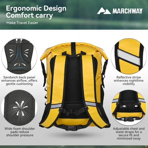Miniatura 3 de MARCHWAY Mochila impermeable con parte superior enrollable, bolsa seca flotante de 20L/30L/45L con base rectangular ergonómica, espalda acolchada