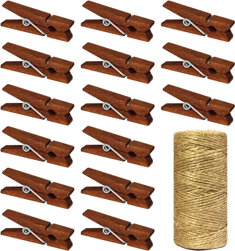 Miniatura 8 de Mini pinzas de madera natural con cordel de yute, 100 unidades, 1.4 pulgadas, clips para manualidades con cordel natural de 320 pies para álbumes