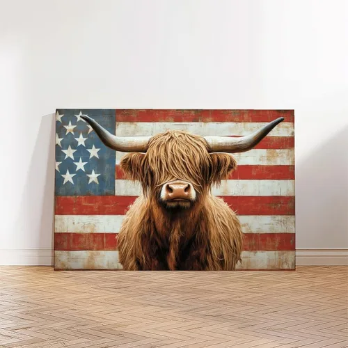 Miniatura 2 de JDBeehpy Arte de pared de vaca de las tierras altas de granja, bandera americana, sin marco, póster patriótico para el Día de la Independencia del 4