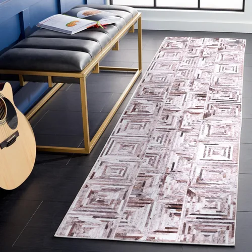 Miniatura 2 de SAFAVIEH Colección de alfombras lavables de piel sintética, alfombra de pasillo de 2 pies 6 pulgadas x 8 pies, beige y marrón, antideslizante