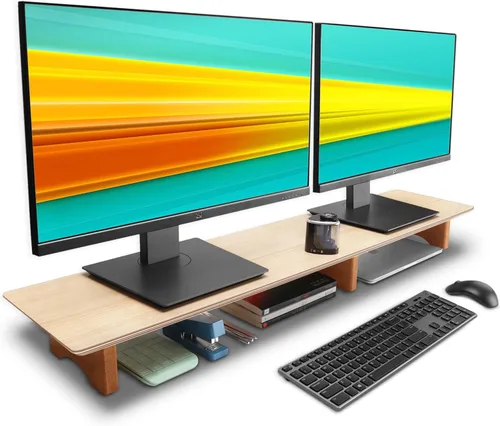 Aothia - Soporte elevado dual para monitor, soporte de escritorio de madera maciza con corcho ecológico para portátil/TV/PC/impresoras, con espacio