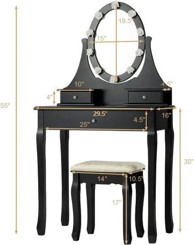 Miniatura 7 de Giantex Juego de tocador con espejo iluminado, mesa de maquillaje con 10 luces rosadas, escritorio de tocador moderno con taburete acolchado, 3