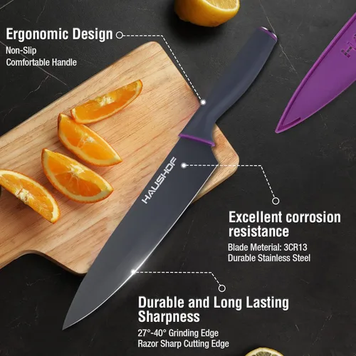 Miniatura 4 de HAUSHOF Juego de cuchillos de cocina, juego de cuchillos de 12 piezas con 6 fundas de colores, cuchillas de acero inoxidable con revestimiento
