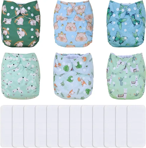 Miniatura 16 de TDIAPERS Pañales de tela reutilizables, lavables, de bolsillo, talla única, ajustable para pañales de tela a presión, paquete de 6 con 6 insertos
