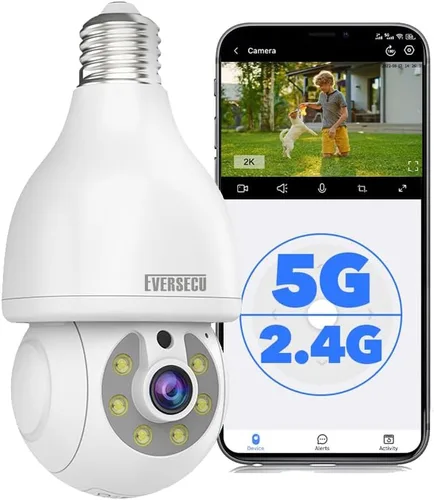 EVERSECU Cámara de seguridad con bombilla HD de 2K, WiFi inalámbrica de 2.4G y 5Ghz, interior y exterior, compatible con Onvif, transmisión RTSP,