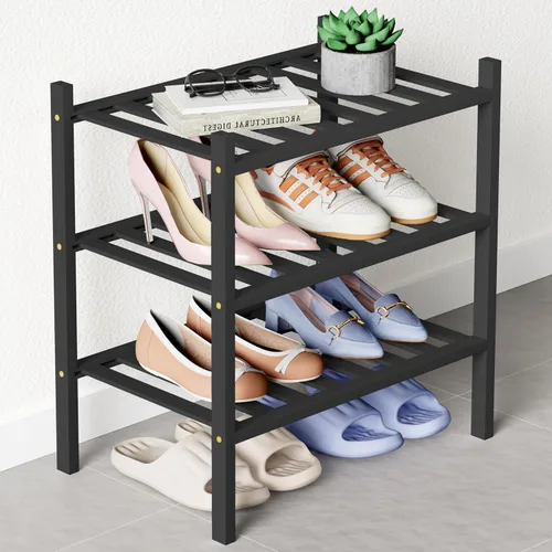 Miniatura 11 de Smiry Zapatero de bambú para clóset, organizador de zapatos apilable de 4 niveles largo de madera, estante de almacenamiento de zapatos Negro