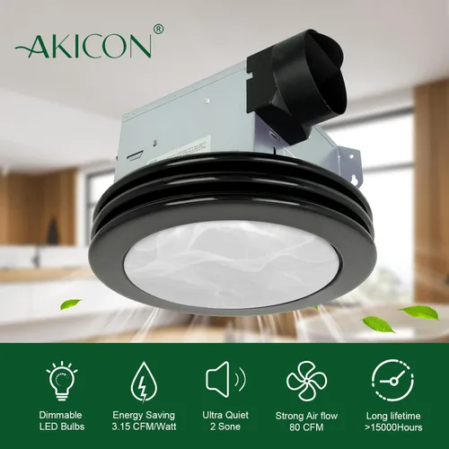 Miniatura 6 de Akicon - Ventilador de baño ultra silencioso de extracción con luz LED 80 CFM 2.0 sones, ventilación redonda para baño con cubierta de vidrio Negro