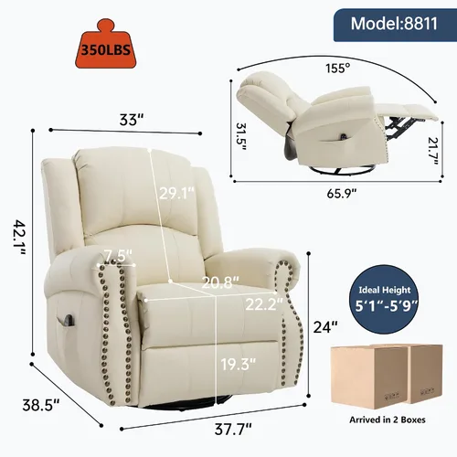 Miniatura 3 de PELUMY Silla reclinable giratoria de cuero transpirable para adultos, balancín giratorio de 360° con masaje térmico y vibratorio, silla de descanso