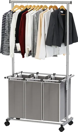 Miniatura 8 de Simple Houseware Clasificador de ropa de 3 bolsas con barra extensible para colgar ropa Plata