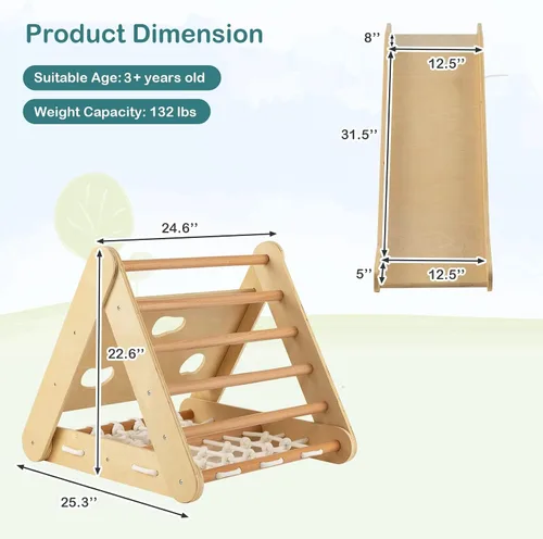 Miniatura 6 de Costzon Juguete de escalada 4 en 1 para niños pequeños, trepador de triángulo de madera Montessori de 3 lados con rampa deslizante, red de escalada