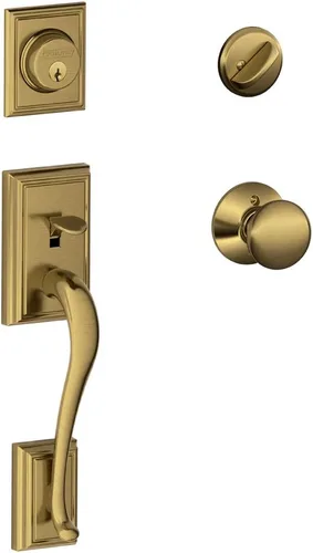 SCHLAGE Lock Company Juego de manijas Addison de un solo cilindro y pomo Plymouth, latón antiguo (F60 ADD 609 PLY)