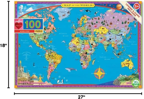 Miniatura 5 de eeBoo Rompecabezas de 100 piezas para niños, mapa del mundo, con temática de geografía, piezas grandes para manos pequeñas para desarrollar