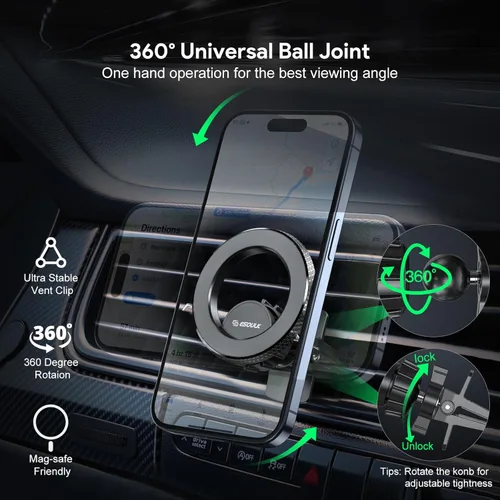 Miniatura 9 de ] Soporte de coche compatible con MagSafe, soporte magnético para teléfono con imanes fuertes y anillo de metal incluido, soporte de teléfono
