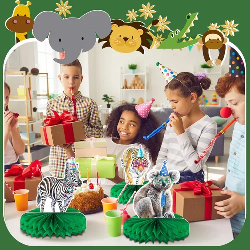 Miniatura 5 de Yeaqee 12 centros de mesa de nido de abeja de animales de la selva, suministros para fiestas de cumpleaños con temática de safari, animales