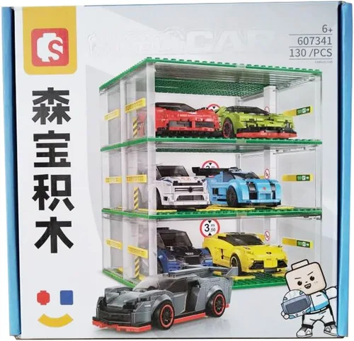 Miniatura 7 de Celawork Bloques de construcción para garaje, escaparate de 3 capas, garaje de estacionamiento de automóviles, compatible con coches de campeón