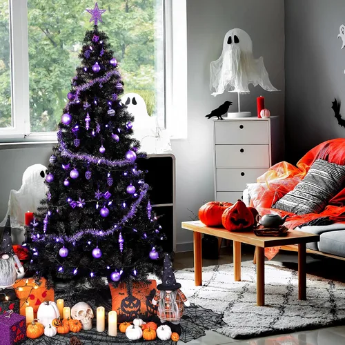 Miniatura 2 de Sunnyglade - Árbol de Navidad artificial de Halloween de 7.5 pies / 2.28 metros, negro premium, 1400 puntas, fácil de montar con soporte para árbol