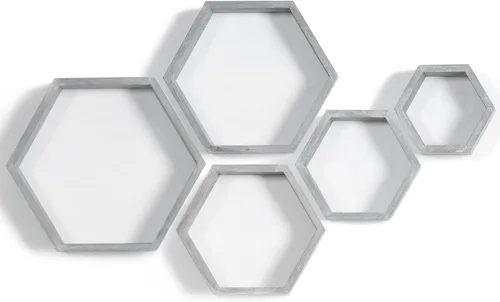 Miniatura 21 de PHOENANCEE - Estantes flotantes hexagonales, juego de 3 estantes de nido de abeja, estantes de pared de madera estilo granja para almacenamiento