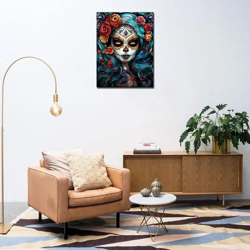 Miniatura 2 de Pintura de diamantes de calavera de azúcar 5D, kit de numeración de maquillaje de esqueleto de moda, arte de pared de rosa roja, arte de pared