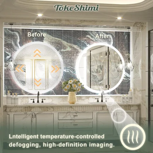 Miniatura 3 de TokeShimi Espejo redondo LED de 40 pulgadas, espejo iluminado para baño, grande, regulable, montado en la pared, espejo circular antivaho