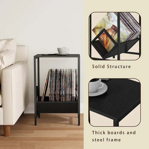 Miniatura 5 de Mesa auxiliar de 2 niveles, mesa auxiliar, soporte para tocadiscos con almacenamiento de hasta 100 álbumes, almacenamiento de discos de vinilo, Negro