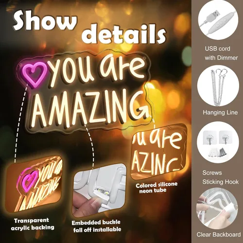 Miniatura 3 de Letrero de neón "You Are Amazing" para decoración de pared para dormitorio, aula, bar, pub, club, guardería, colgante, luz LED rosa USB regulable