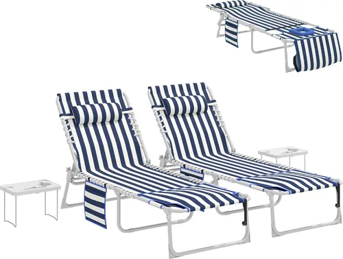 Miniatura 10 de Outsunny Silla bronceadora con agujero frontal, mesa auxiliar, sillón reclinable plegable de 5 posiciones, tumbona reclinable, correas de transporte