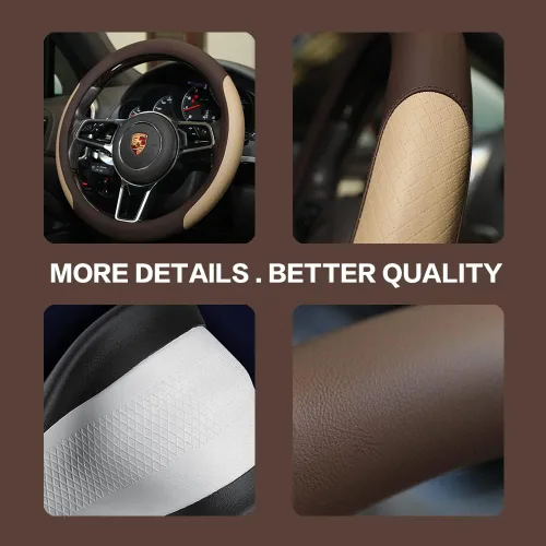 Miniatura 5 de Funda para Volante, Costura de Cuero de Microfibra con Grabado Clásico, Funda Antideslizante de Volante de Auto de Colores Contrastantes, Café