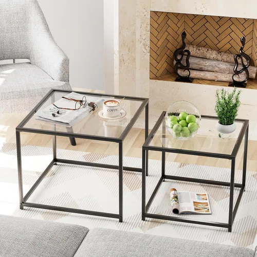 Miniatura 12 de Garden 4 you Juego de 2 mesas auxiliares modernas, mesa anidable de cristal, juego de mesa central cuadrada con marco de metal, mesas auxiliares