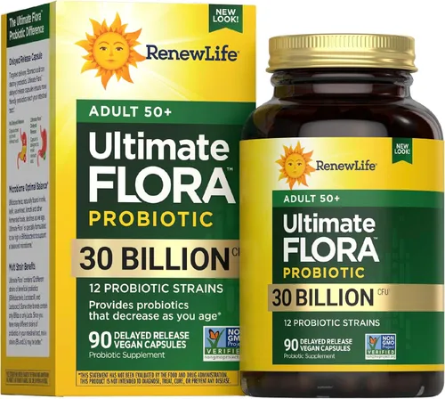 Renew Life –Última flora para adultos 50 + Suplemento Probiótico de 30 mil millones, 90 unidades (Ex fórmula senior), 1, 1