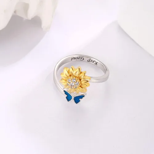 Miniatura 4 de oGoodsunj Anillo antiansiedad de plata esterlina 925 para mujer girasol abeja mariquita mariposa giratorio anillos tranquilos regalos de joyería