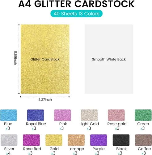 Miniatura 3 de 40 hojas de cartulina con purpurina HTVRONT de 300GSM - 13 colores de cartulina con purpurina, papel de cubierta de 110lb A4, cartulinas gruesas
