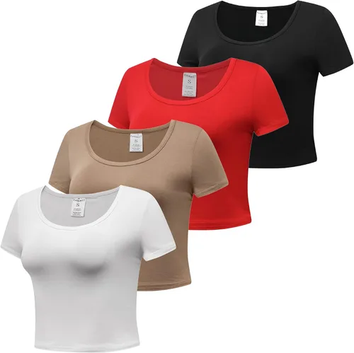 Miniatura 2 de Formeet17 4 piezas de camisetas cortas básicas con cuello redondo y manga casquillo para mujer