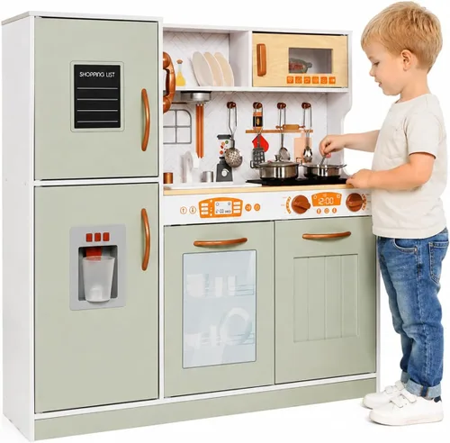 Miniatura 2 de TOUCH US Juego de juguetes de cocina de madera con luz, juego de cocina de juguete de simulación para niños, horno de juguete para fregadero