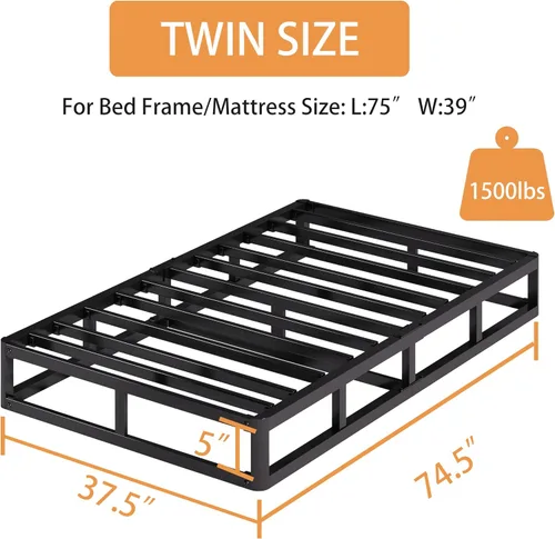 Miniatura 2 de Somier individual de 5 pulgadas, capacidad de 1500 libras, tamaño de base de cama metálica, base de colchón de perfil bajo con funda de tela, fácil
