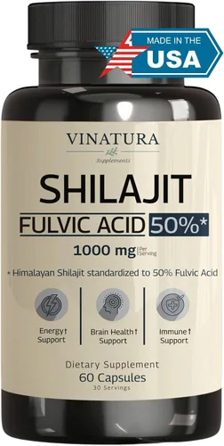 VINATURA Shilajit para hombres y mujeres - 1000 mg cápsulas puras de Shilajit del Himalaya, estandarizadas al 50% de ácido fúlvico - 60 cápsulas