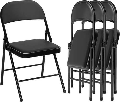 Paquete de 4 sillas plegables negras con cojín, silla plegable acolchada con asiento y respaldo de piel sintética, sillas plegables de metal