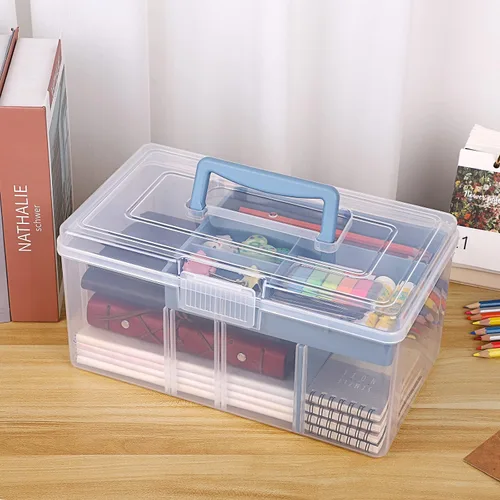 Miniatura 2 de BTSKY - Caja de almacenamiento de 2 capas de plástico transparente con bandeja extraíble, caja organizadora multiuso para papelería con asa, caja