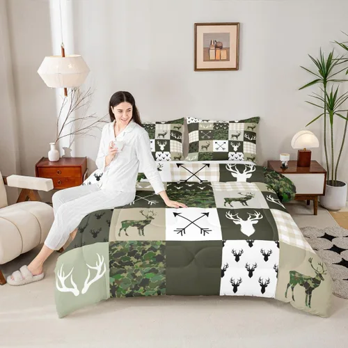 Miniatura 37 de Juego de edredón de cuernos de ciervo tamaño individual, juego de ropa de cama rústica de granja con huellas de oso y pinos para decoración