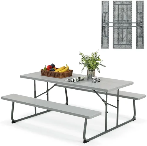 Tangkula Mesa de picnic plegable de 6 pies, mesa de picnic al aire libre con 2 bancos integrados, agujero para paraguas, marco de metal y mesa de
