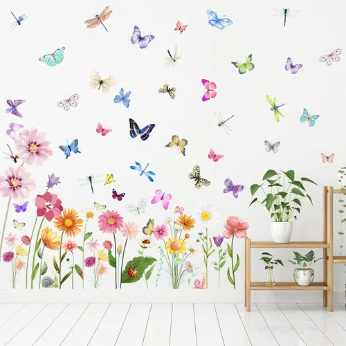 80 calcomanías de pared con diseño de flores, mariposas, crisantemos, libélulas, flores, despegar y pegar, arte removible de PVC para jardín,