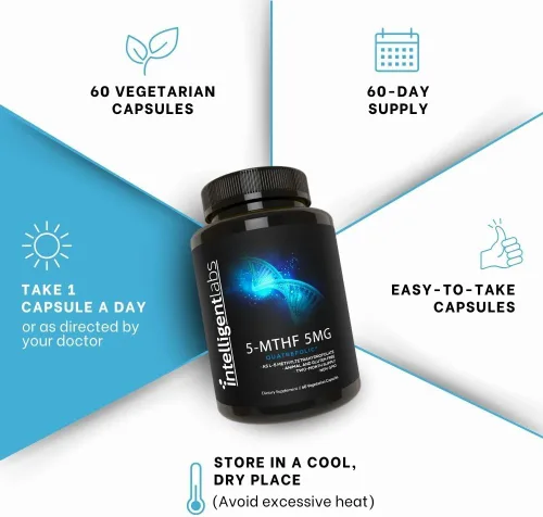 Miniatura 5 de Intelligent Labs 5MG MTHF L-5-metiltetrahidrofolato suplemento de ácido fólico activado como ácido cuatrefólico - metilfolato para mujeres