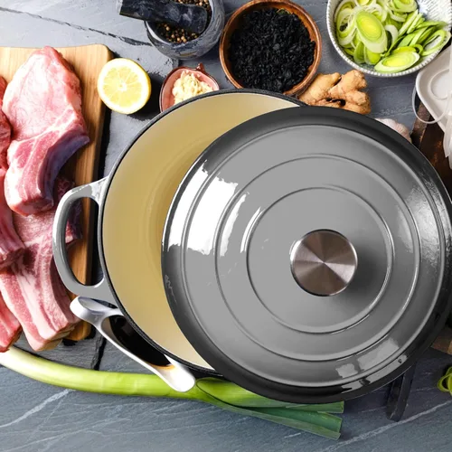 Miniatura 6 de Horno holandés de hierro fundido esmaltado de 6 cuartos de galón con tapa, asas dobles grandes, apto para horno hasta 500 °F, olla redonda clásica