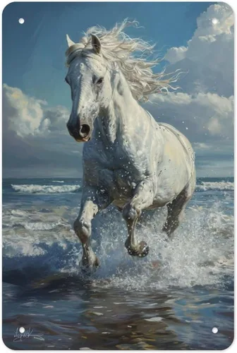 Horse Galloping through Ocean Waves Metal Tin Sign Wall Decor Retro Sign for Home Living Room Bedroom Coffee Wall Decor Halloween Christmas Gifts