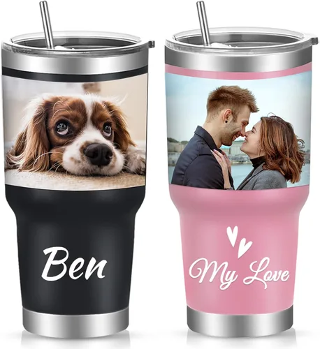Miniatura 8 de Vaso de fotos personalizado de 30 onzas con tapa y pajita, tazas de café de acero inoxidable personalizadas, taza de viaje con nombre de imagen